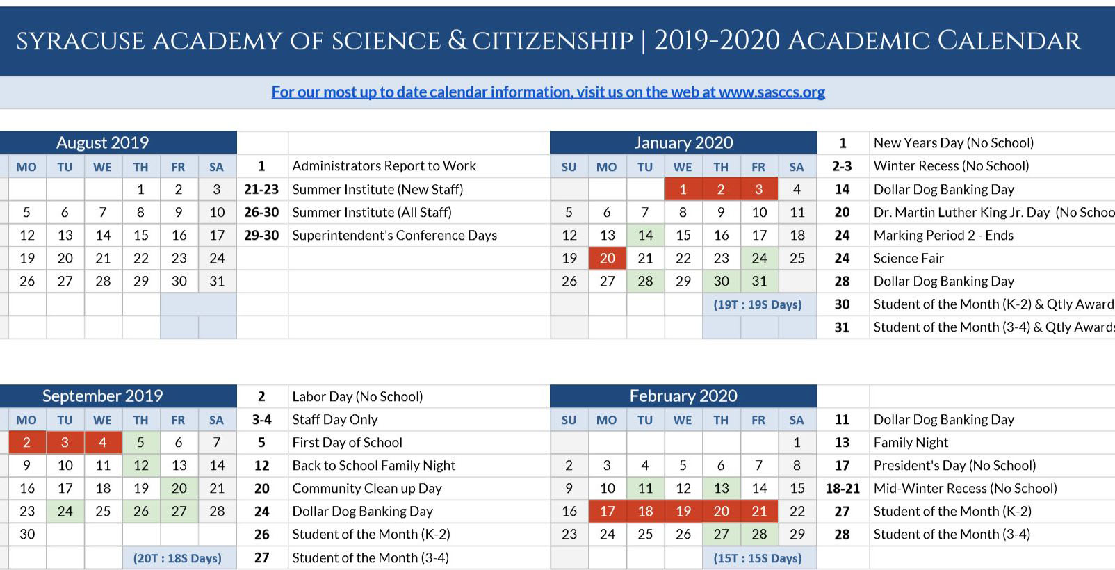 Visit the Academic Calendar page on our website to download a copy of the 2019 - 2020 Academic Calendar