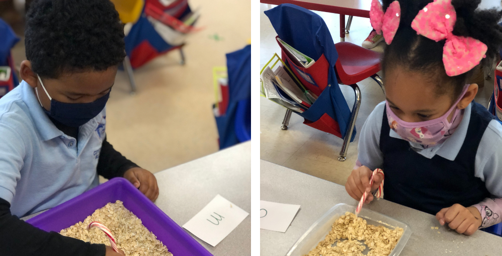 Syracuse Academy of Science and Citizenship elementary school students practice writing letters of the alphabet with candy canes and oatmeal.